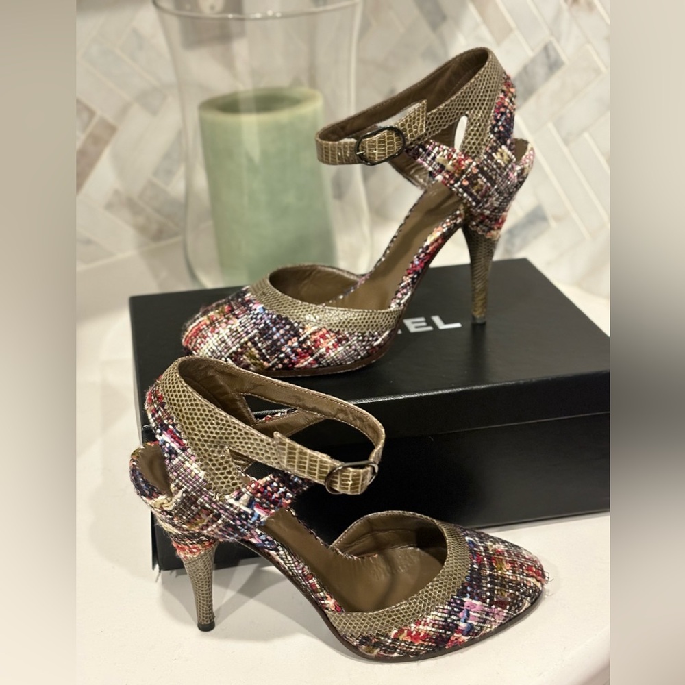 Chanel tweed and lizard ankle strap shoes